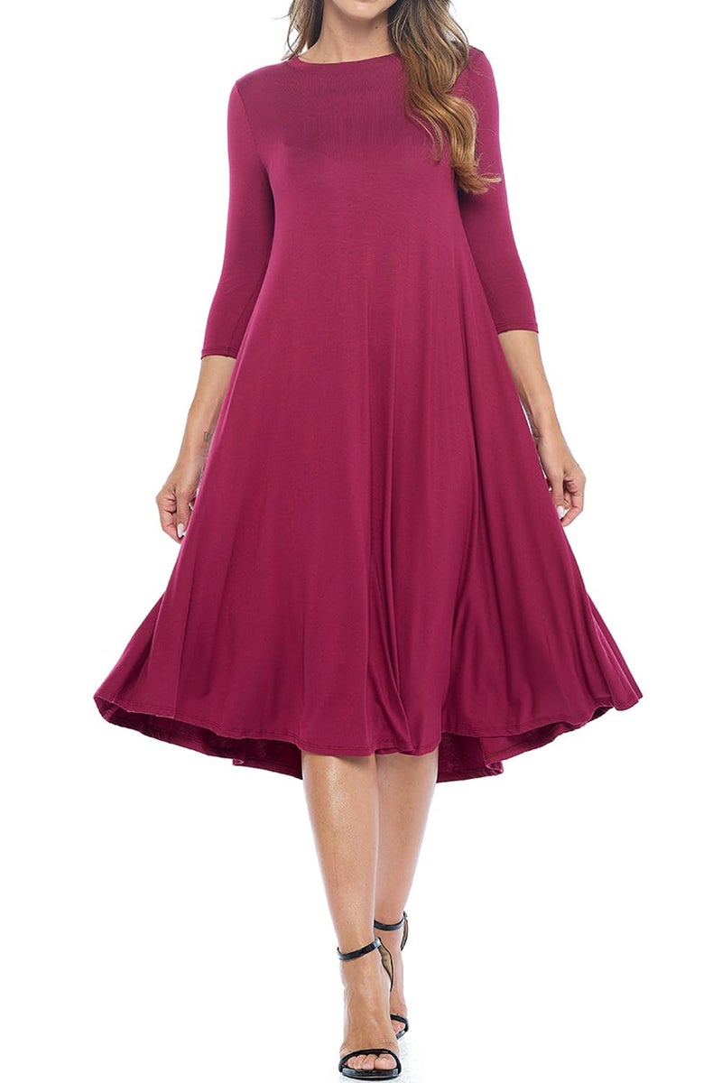 iconic luxe Women's Swing Midi Dress â€“ 3/4 Sleeve Flowy A-Line Tunic â€“ Soft, Stretchy, Comfortable, and Versatile Casual Dress for Everyday Wear Small Burgundy - Image 1